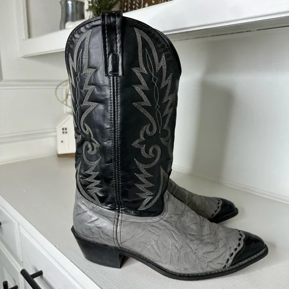 Vintage Acme Black & Gray Western Cowboy Boots Embroidery Men 10.5D Made in USA - Picture 4 of 8